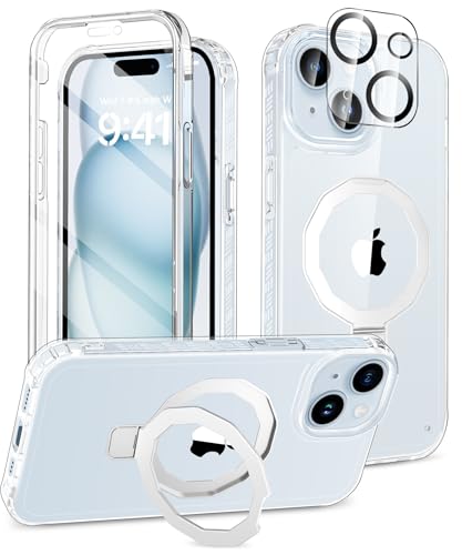 Compatible with iPhone 15 Case, Built-in Screen Protector & Seamless Stand, with Camera Lens Protector, Strong Magnetic Clear Phone Case, Full Body Protective Cover for 6.1" (Clear) - color: Clear, size: iPhone 15 6.1"