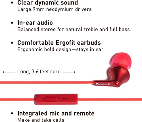 Panasonic ErgoFit Wired Earbuds with Microphone, 3.5mm Jack Headphones with Mic and Call Controller, Ergonomic Custom-Fit Earpieces (S/M/L), for Phones and Laptops - RP-TCM125-R (Red) - color: Red, size: S/M/L, style: With Mic