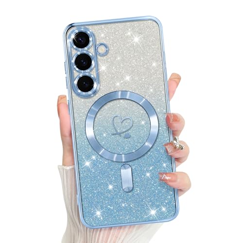 Bonoma Compatible with Samsung Galaxy S25 Case Heart Glitter -Blue | Support for MagSafe, Plating Magnetic Case TPU Camera Protection Back Cover for Phone Case - color: Blue, size: Samsung Galaxy S25