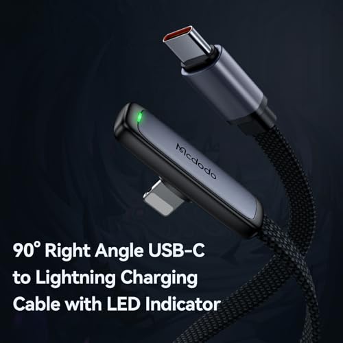 mcdodo 6FT USB C to Lightning Cable 90 Degree Right Angle USB-C to Lightning Charging Cable with LED Indicator Light Compatible with iPhone 14 13 12 11/Pro/ProMax/Plus, iPad, AirPods, iTouch - color: USB-C to Lightning