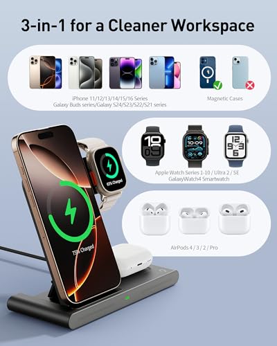 2025 Wireless Charger for iPhone Charging Station,3 in 1 Fast Max Charging for iPhone 16 15 14 13 12 Pro Max Plus,Charger Stand for Apple Watch Series & Air pods 4 3 2 Pro,Android Samsung Series