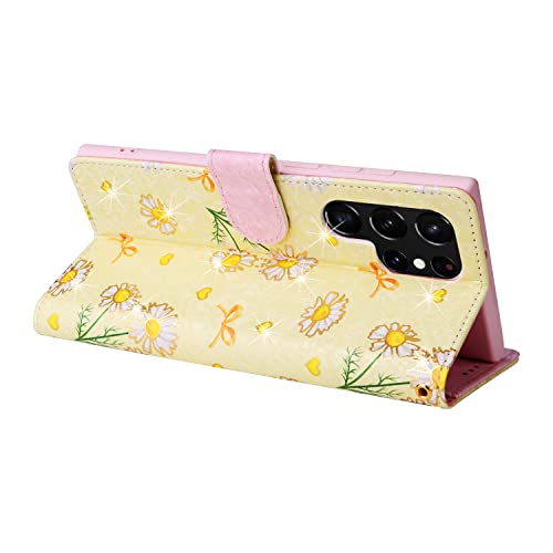 UEEBAI Wallet Case for Samsung Galaxy S22 Ultra 5G, PU Leather Flip Case with Kickstand, RFID Blocking, Card Slots, Wrist Strap, Relief Engraved Pattern, Magnetic Closure, Yellow Daisy Flower Folio - color: Yellow Daisy, size: Samsung Galaxy S22 Ultra 5G