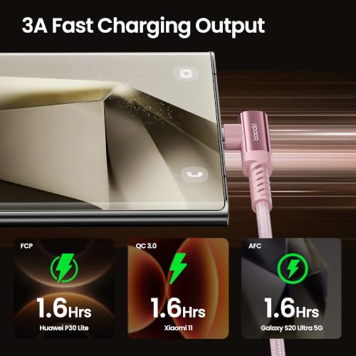 toocki USB C Cable Right Angle, 2-Pack 10ft USB A to USB C Charger Cable - color: Pink, size: 10FT+10FT