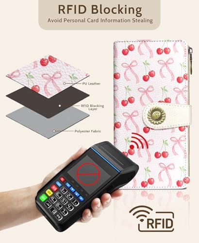 GIANCOMICS Cute Womens Wallet RFID Blocking, Bow Credit Card Holder Bifold | Billfold, Cute Cash Purse, Travel Zipper Coin Pocket, Compact Clutch, PU Leather, ID Window, 11 Card Slots, Ladies Gift Woman - color: Bows and Cherry