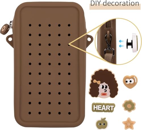 Silicone Crossbody Bag for Women, DIY Charm Compatible Perforated Hole Design, Compact Waterproof Lightweight Phone Purse with Adjustable Strap for Daily Use (Brown) - color: Brown