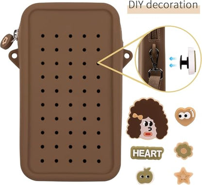 Silicone Crossbody Bag for Women, DIY Charm Compatible Perforated Hole Design, Compact Waterproof Lightweight Phone Purse with Adjustable Strap for Daily Use (Brown) - color: Brown