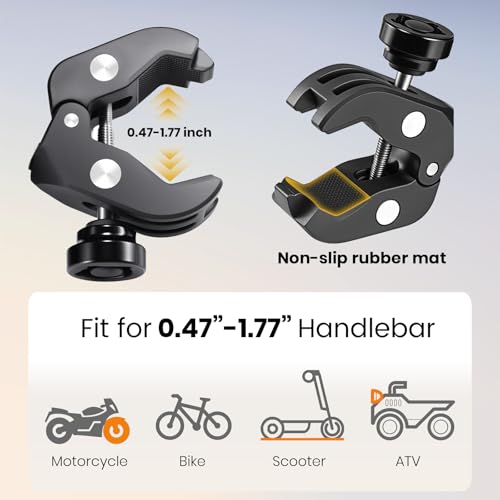Motorcycle Phone Mount Holder with Vibration Dampener Anti-Shake 720° Adjustable for iPhone 16 Pro Max for Samsung 5.4''-6.9'' Phone Anti-Theft Dirt Bikes(Clamp Base 0.47-1.77" Handlebar) - style: Clamp Base