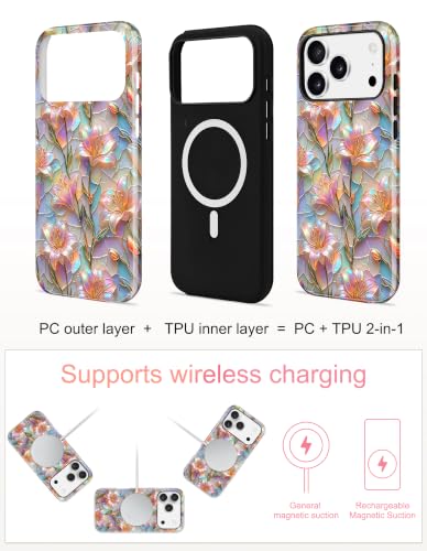 Jusy Magnetic Stained Glass Floral Case for iPhone 16e/17e, Glaze Lily | Compatible with MagSafe, Cute Aesthetic Flower Design, TPU and PC Protective Shockproof Cover - color: Glaze Lily