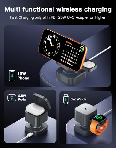 3 in 1 Wireless Charging Station, Wireless Charger with Night-Lamp & Retractable Design, Phone Wireless Charger Fast Charger for Phone 17/16/15/14/13/12/11/X Pro/Max/Plus/Watch/pods