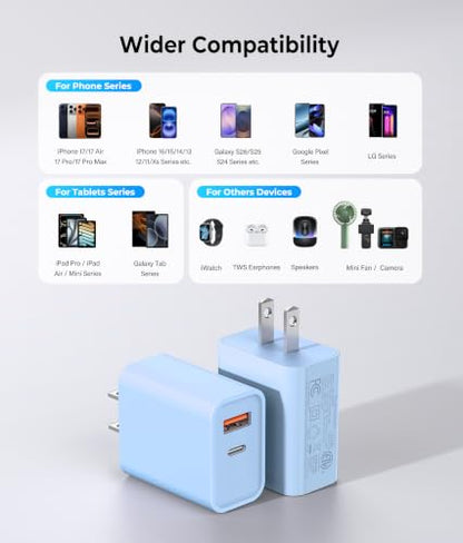 [2 Pack] 20W USB C Charger Block, Dual Port Fast Charging Wall Plug - color: 2-Pack Baby Blue
