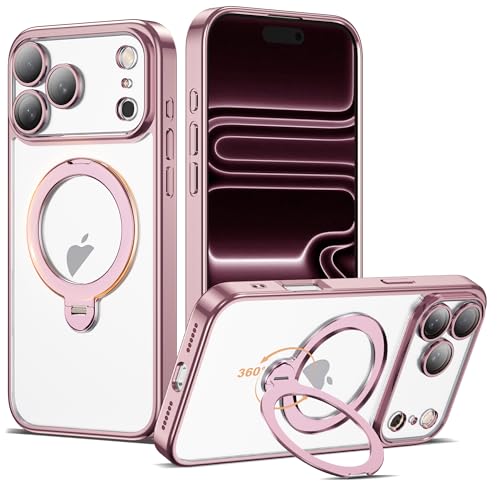 Compatible with iPhone 17 Pro Case with 360° Magnetic Ring Stand [Compatible with Mag-Safe] Camera Lens Protector Plating Clear Phone Case for iPhone 17 Pro 6.3", Pink - color: Pink, size: Iphone 17 Pro