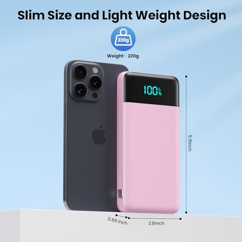 Portable Charger for iPhone with Built in Cables and Wall Plug,Upgraded 13800mAh Fast Charging USB C Power Bank,4 Outputs Travel Essential Battery Pack Compatible with iPhone 17/16/15/14,Galaxy-Pink - color: Pink