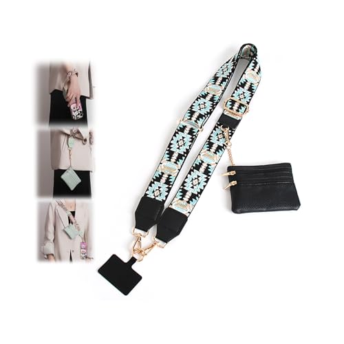 Phone Strap with Zippered Pouch, Clip and Go Strap for Phone with Wallet Crossbody - color: Bohemia Black+blue