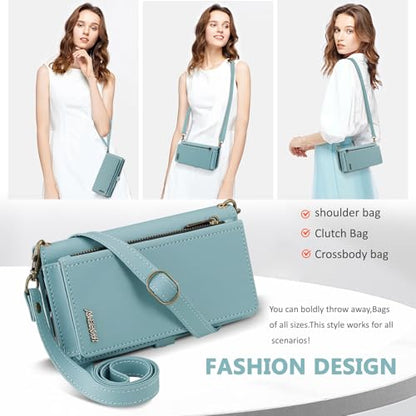 for iPhone 16 Wallet Case, Detachable Magnetic Shockproof Phone Case,Faux Leather Crossbody Wallet,with RFID Blocking，Zipper Card Holder，Shoulder Strap (Blue) - color: Blue, size: iPhone 16
