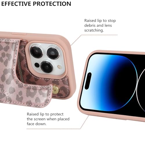 iCoverCase Compatible with iPhone 14 Pro Case with Card Holder, Wallet Case for Women Men RFID Blocking PU Leather Protective Phone Case 6.1 Inch (Rose Gold Leopard) - color: Rose Gold Leopard
