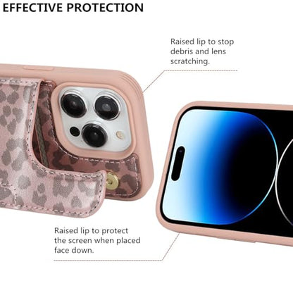 iCoverCase Compatible with iPhone 14 Pro Case with Card Holder, Wallet Case for Women Men RFID Blocking PU Leather Protective Phone Case 6.1 Inch (Rose Gold Leopard) - color: Rose Gold Leopard