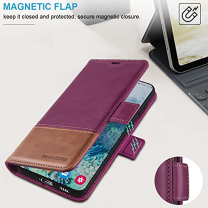KEZiHOME Case for Galaxy S23 5G, Genuine Leather [RFID Blocking] Wallet Case Magnetic Folio Flip with Card Slots Kickstand Phone Cover Compatible with Galaxy S23 (2023) (Purple/Brown)