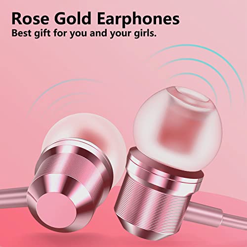 Rose Gold Earbuds, Girls Pink Earphones Wired with mic, Volume Control in Ear Headphones 3.5mm for Smartphones Mp3 Tablet Laptop