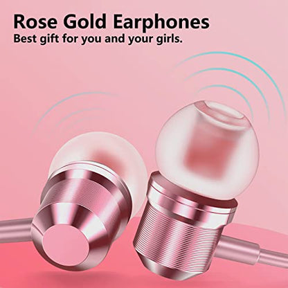 Rose Gold Earbuds, Girls Pink Earphones Wired with mic, Volume Control in Ear Headphones 3.5mm for Smartphones Mp3 Tablet Laptop