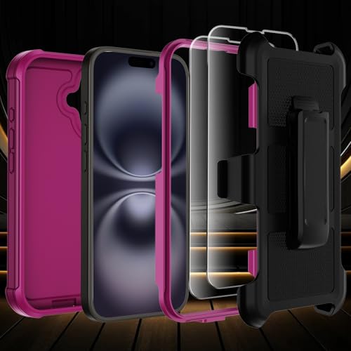 for iPhone 16 Plus Case with Belt Clip Holster,Anti-Drop Shockproof Bumper Phone Cases with 2X Screen Protectors & Kickstand,Rugged Heavy Duty Military Grade Protective Defender Cover (Burgundy) - color: Burgundy