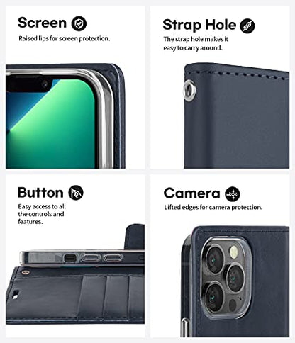 GOOSPERY Bluemoon Wallet Compatible with iPhone 13 Pro Case, Premium PU Leather Standing Feature Flip Card Holder Phone Cover (Navy) - color: Navy, size: iPhone 13 Pro