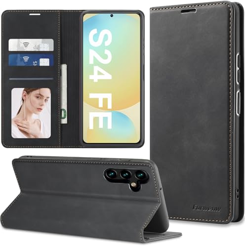 for Samsung Galaxy S24 FE Case Flip Leather Cover with Hinge Protection, Slim Thin Magnetic Wallet Case [Card Holder], Shockproof Full-Body Protective for Samsung S24 FE Phone Case (Black) - color: Black, size: S24 FE