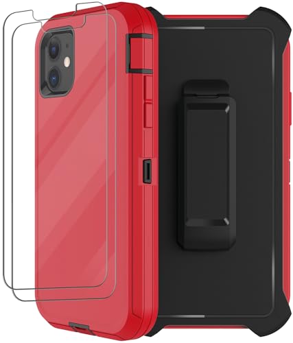 for iPhone 11 Case with Belt Clip Holster, 2 x Screen Protector, [Military Grade] Heavy Duty Full Body Shockproof Dust-Proof Drop Proof Rugged Protective Cover for Apple iPhone 11 Red - color: Red