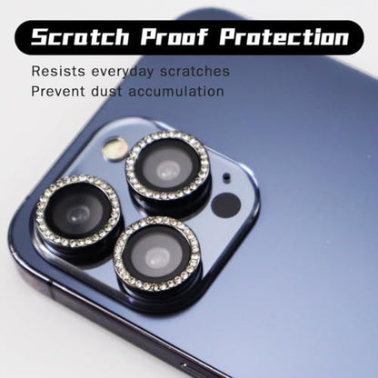 BONVAN for iPhone 15 Pro/Pro Max/14 Pro/ProMax Camera Lens Protector - Bling Glitter Diamond Metal Crystal Tempered Glass Screen Accessories Rhinestones Lens Cover (Black) - color: Black