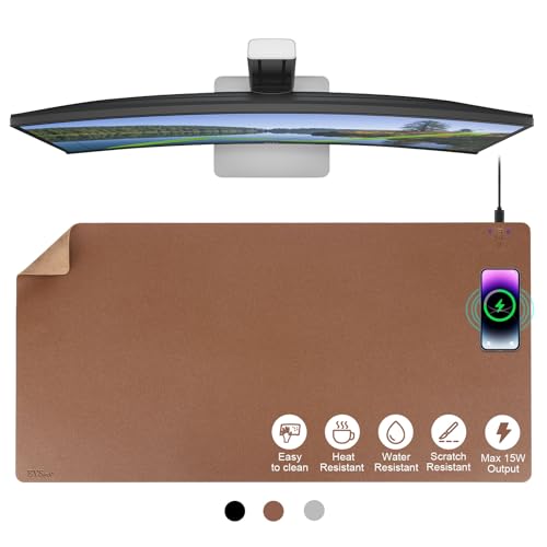 EYStech™ Desk Pad with Wireless Charger, Leather, Waterproof, Anti-Slip Wool Felt Base Material, Office Table Mat, Fast Charging Gaming Mouse Pad, 32”(L) x 16”(W), Brown (Right Side Charging Port)