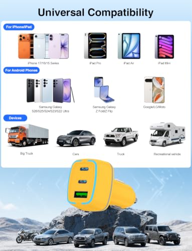 75W USB C Car Charger, 3-Port Super Fast Charging Cigarette Lighte - color: Yellow