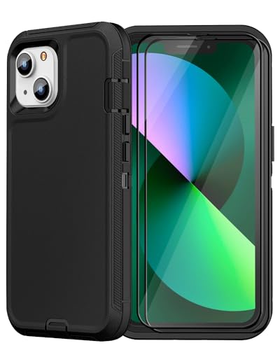 iPhone 13& iPhone 14 Heavy-Duty Case, Military-Grade Shockproof Protection, Includes 2 Tempered Glass Screen Protectors - Black - color: Black