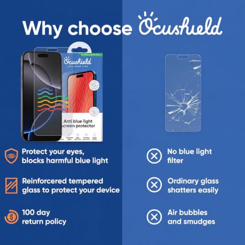 Ocushield Anti Blue Light Tempered Glass Screen Protector of iPhone 16 Pro Max (6.9") – Blocks Blue Light, Prevents Eye Strain & Helps You Sleep Better, 9H Hardness & Case Friendly - size: iPhone 16 Pro Max (6.9")