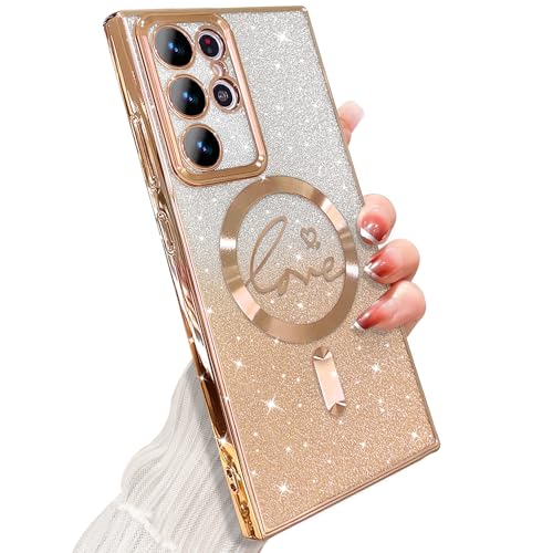 ZONRW for Samsung Galaxy S22 Ultra Case Magnetic,for Women Girl Soft Cute Luxury Love Heart Plating Bling Gradient Glitter Phone Case Compatible with MagSafe Clear Shockproof Back Cover 6.8”-Gold - color: Gold, size: Samsung Galaxy S22 Ultra