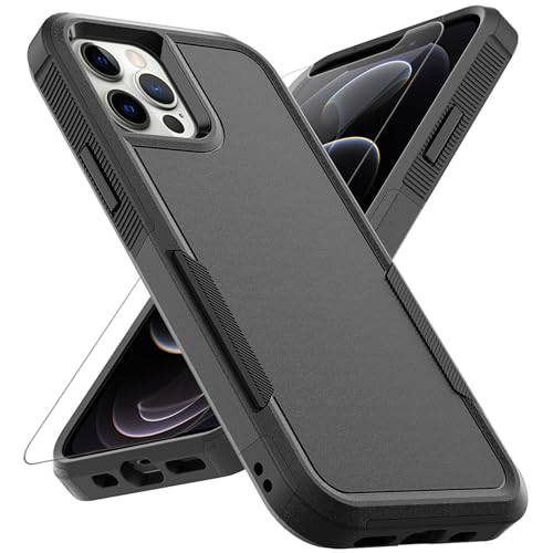 MDCN for iPhone 12 / iPhone 12 PRO Case: Dual Layer Protective Heavy Duty Cell Phone Case Shockproof Rugged Bumper Tough with Screen Protector - Military Grade Drop Tested for iPhone 12/12 PRO, Black - color: Black (PC) + Black (TPU)