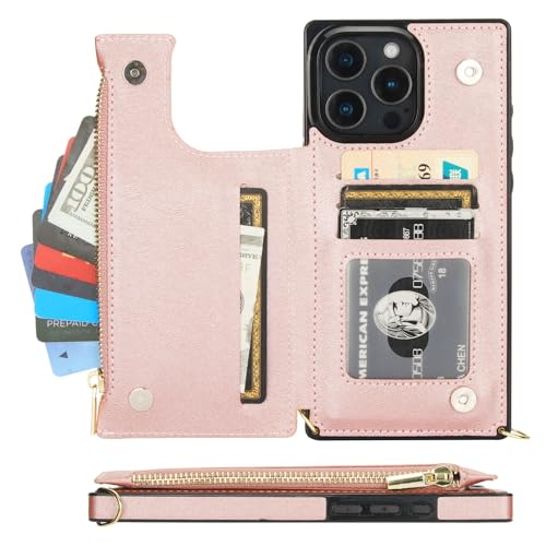 Bocasal Crossbody Wallet Case with Strap for iPhone 16 Pro Max, Rose Gold | RFID Blocking Card Slot Holder, Magnetic Flip Folio Purse Case, PU Leather Zipper Handbag Detachable Lanyard Strap 6.9 Inch - color: Rose Gold
