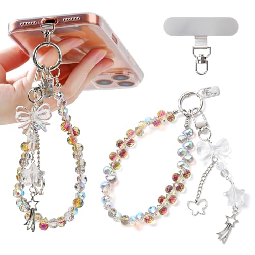Crystal Beaded Phone Wrist Strap, Cute Cellphone Lanyard Chain, Bow Keychain Wristlet Bag Charms for Women - color: Amber