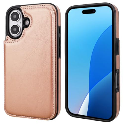 ONETOP for iPhone 16 Wallet Case with Credit Card Holder,Rosegold | Kickstand,ID/Cash Holder,Case Wallet with Card Slots,Double Magnetic Clasp,Durable PU Leather Shockproof Cover for Women Men - color: Rose Gold