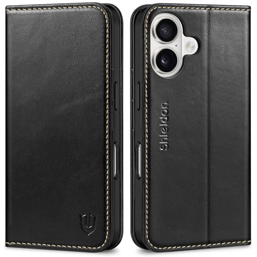 SHIELDON Genuine Leather Wallet Case for iPhone 16 6.1" 2024, Retro Black | Magnetic Closure, RFID Blocking, Credit Card Holder, Kickstand, Folio Design, Shockproof Phone Cover for Men Women - color: Retro Black