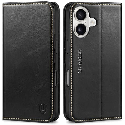 SHIELDON Genuine Leather Wallet Case for iPhone 16 6.1" 2024, Retro Black | Magnetic Closure, RFID Blocking, Credit Card Holder, Kickstand, Folio Design, Shockproof Phone Cover for Men Women - color: Retro Black
