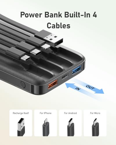 charmast Portable Charger Built-in Cables, 10000mAh Slim Power Bank Pocket - color: Black