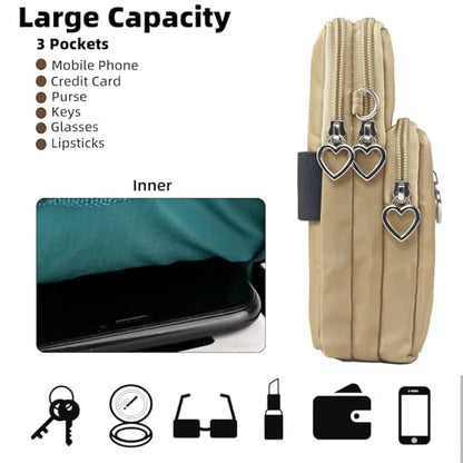 Small Crossbody Bag for Women, Multi Zip Pockets Nylon Wallet Purse Credit Card Holder with Detachable Hand Strap - color: Camel