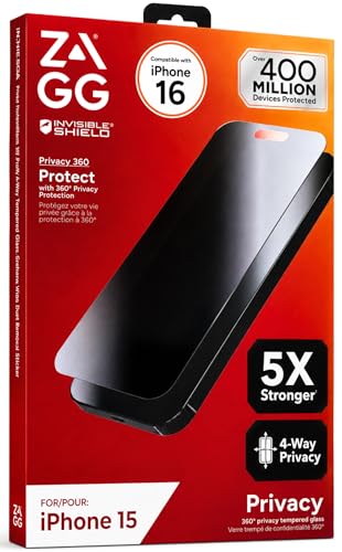 ZAGG Elite Privacy 360 Glass Screen Protector for iPhone 16 / iPhone 15-5X Ultra Strong Tempered Glass, 4-Way Privacy Filter, Scratch Protection, Anti-Smudge, Easy to Install, InvisibleShield