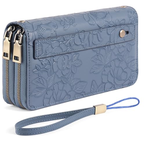 GAEKEAO RFID Leather Wristlet Wallet for Women with Grip Strap | Large capacity clutch wallet, credit card holder, wrist strap, zipper purse, travel and shopping - color: A12 Embossed Ocean Blue-1