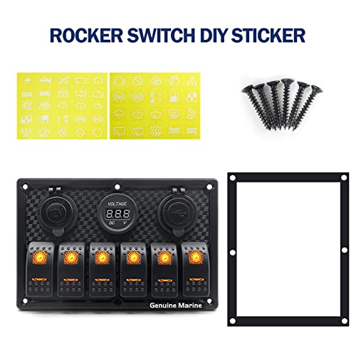 6 Gang Boat Rocker Switch Panel Marine 12V LED Illuminated Orange Rocker Switches, 12V Digital Voltmeter Display, 5V Dual USB Charger Socket for RV Car Tow Truck Vehicles Yacht Ship