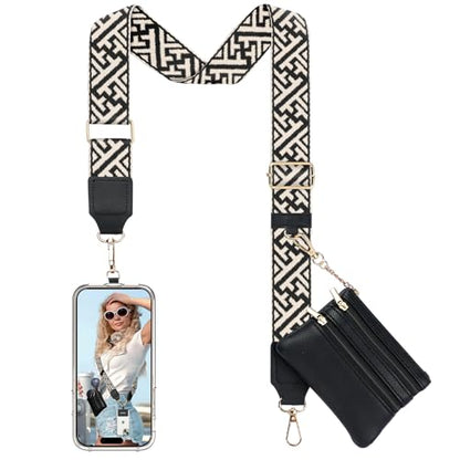 TiMOVO Clip and Go Phone Strap Crossbody with Leather Wallet, Adjustable Anti-Theft Lanyard with Pouch for Most Phone Case - color: Black Striped