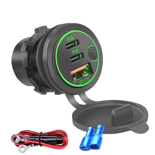 3 Ports 18W USB Car Charger with Switch, 12-24V QC 3.0 USB & Dual PD USB C Cigarette Lighter Socket, Waterproof Dashboard Mount Quick Charger for Car Motorcycle Truck Marine Boat, Green Light - color: Green Light