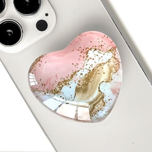 Expandiing Moblile Cell Phone Grip Heart Shape Glass Holder for Smartphones, Cellphone Collapsible Stand（Pink Gold Marble