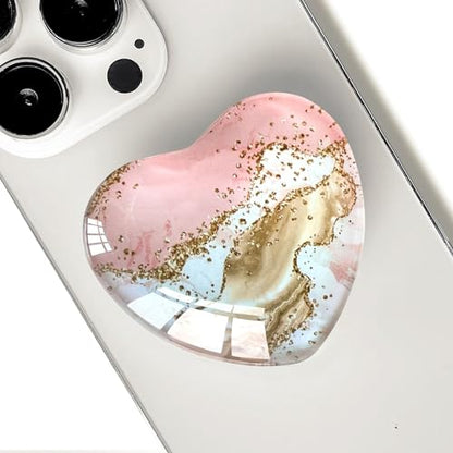 Expandiing Moblile Cell Phone Grip Heart Shape Glass Holder for Smartphones, Cellphone Collapsible Stand（Pink Gold Marble