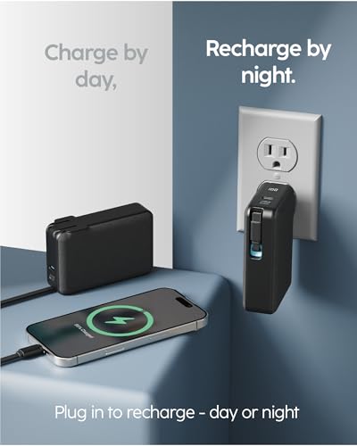myCharge RetractaCharger 5000mAh Portable Charger Power Bank with 28-Inch Retractable USB-C Cable | Premium Fabric | Built-in Wall Plug | Digital Display