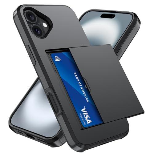 Qinmay Compatible with iPhone 16 Case with Card Holder, Dual Layer Shockproof,Heavy Duty Protective Hidden Slot Slim Wallet Phone Cover ，Black - color: Black, size: for iPhone 16